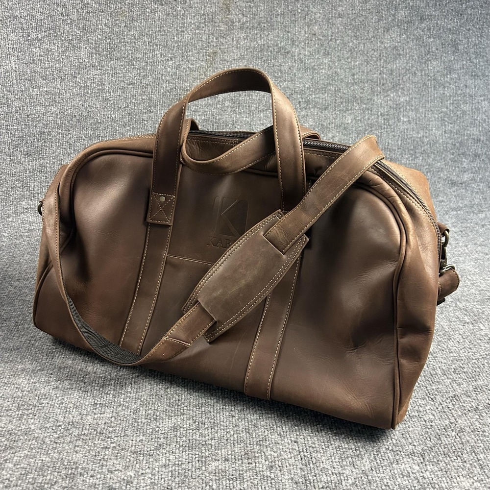 Winston Collection Brown 18" Leather Mens Duffel Bag Karis Logo Travel Gym
